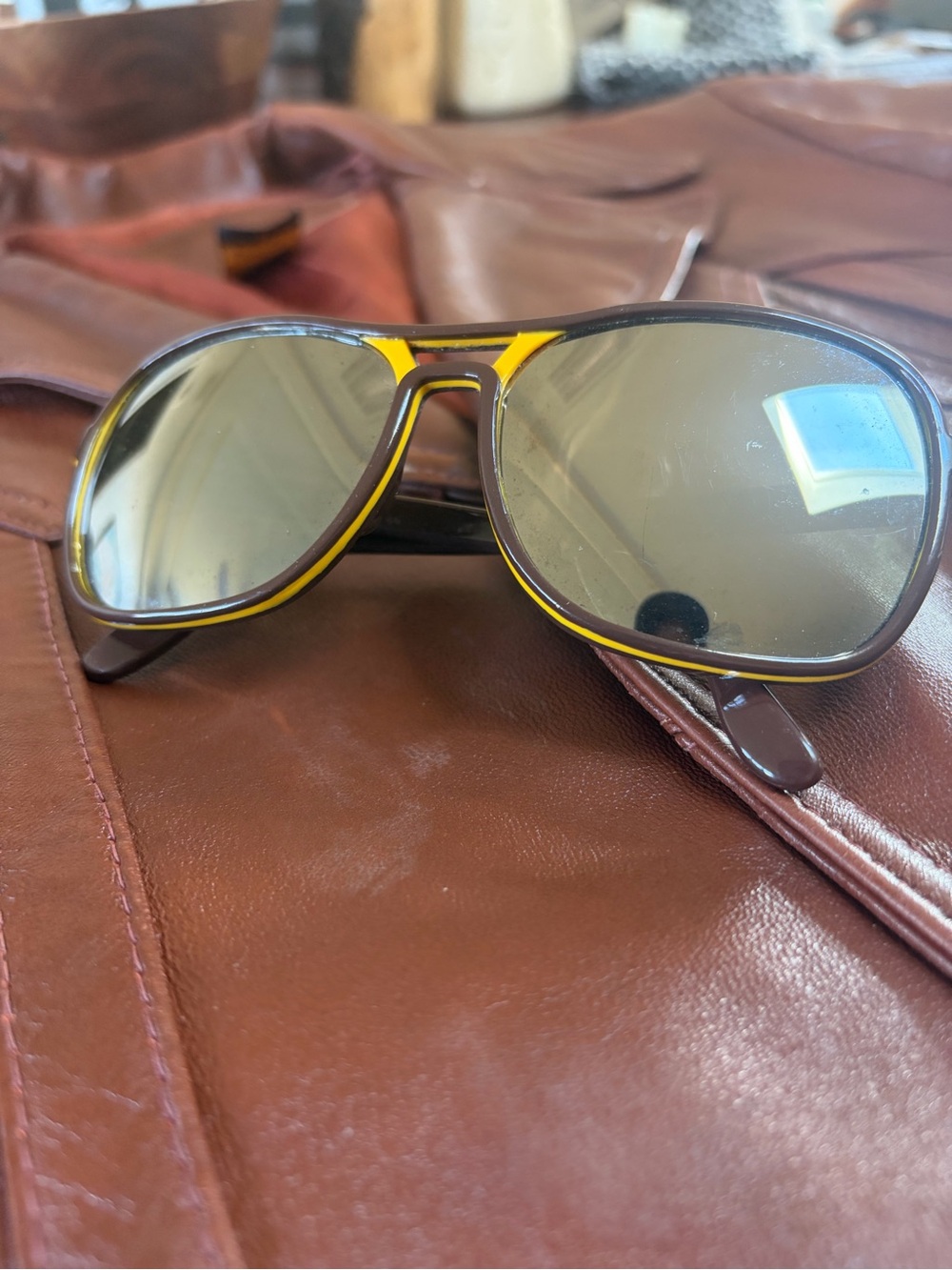 Vintage 70s 80s Japan Oversized Mirrored Aviator Sunglasses Brown Mustard